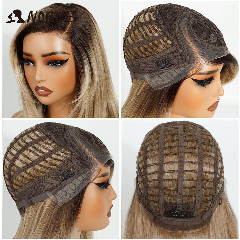 Noble Straight Synthetic Lace Front Wigs For Women Side Part Lace Wig Pre Plucked Layered Wig Ombre Blonde White Cosplay Wig