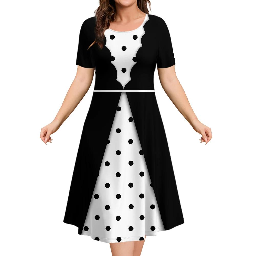 Летние платья для женщин Лоскутные принты Клетчатая одежда Столкновение цветов Вечернее платье Простой короткий рукав пуловер А-силуэт юбка