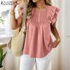 Women Summer Round Neck Casual Ruffles Sleeve Loose Blouse