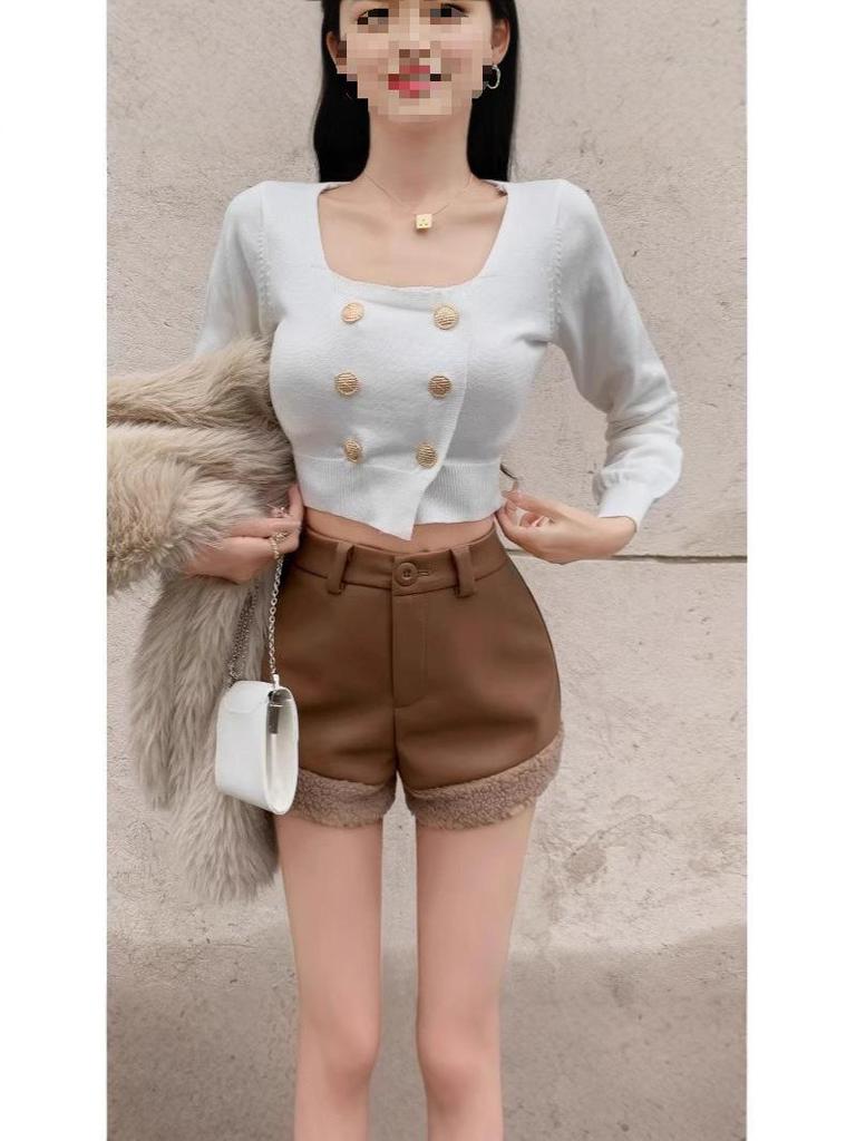 Spicy Girl High Waist Patchwork Slimming PU Leather Shorts - Autumn/Winter Style