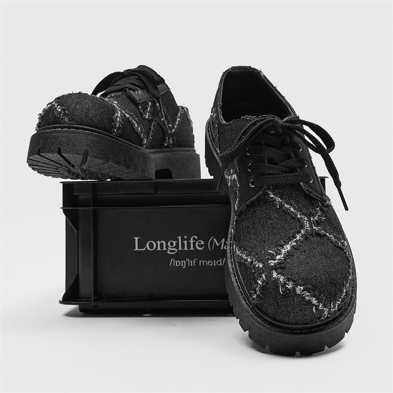 Новые мужские повседневные джинсовые туфли с эффектом потертости, кожаные туфли с большой головкой, нишевые туфли на низкой подошве с увеличением роста для мужчин