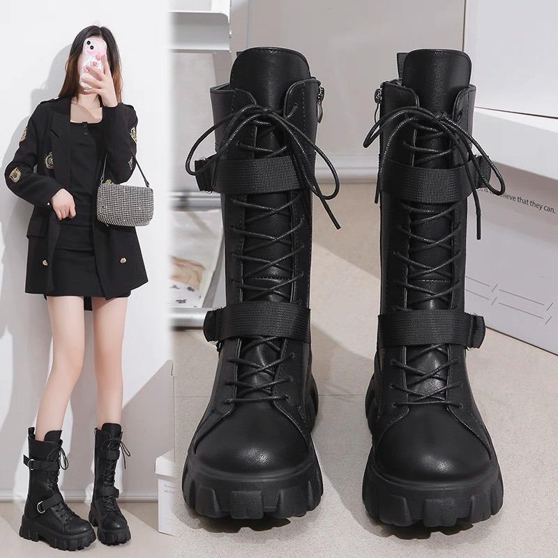 Женские полусапоги до середины икры Высококачественные повседневные кожаные сапоги Модные мотоциклетные ботильоны Дизайнерская пряжка-ремень Рыцарские сапоги для женщин