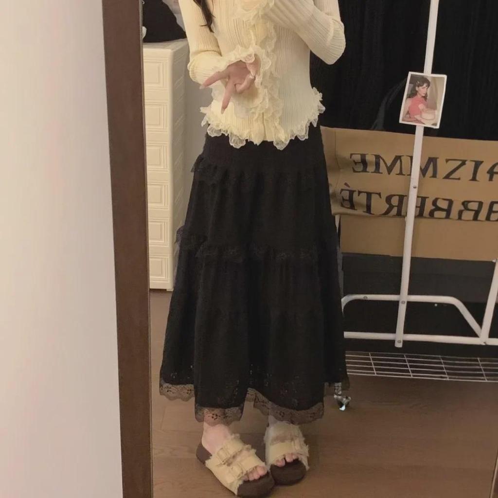 Юбка-торт средней длины с кружевом в корейском стиле, мода осень/зима 2024 г.