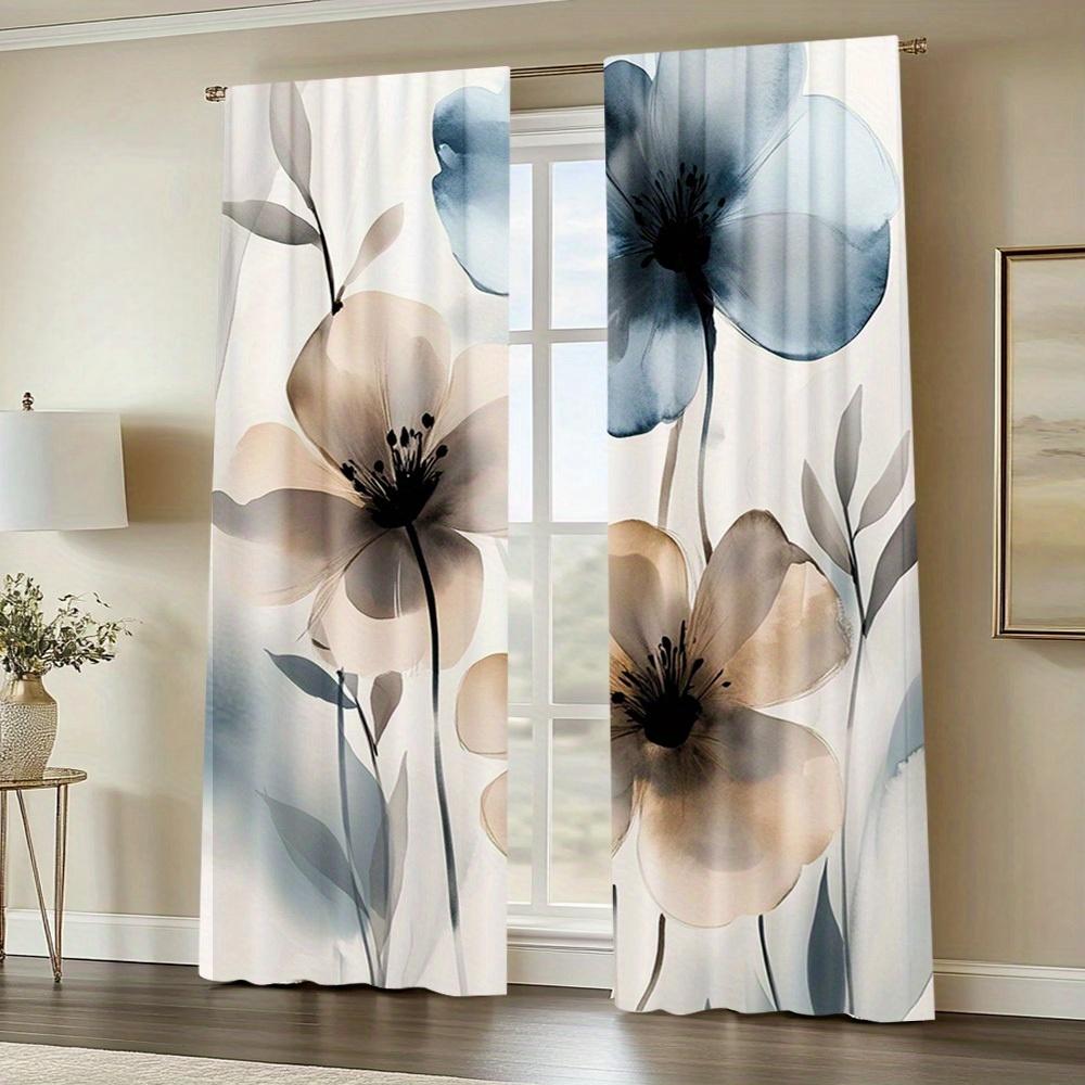 2-Pack Watercolor Floral Print Door Curtains - Polyester Fabric, Machine Washable, Suitable For Bedroom, Kitchen, Living Room