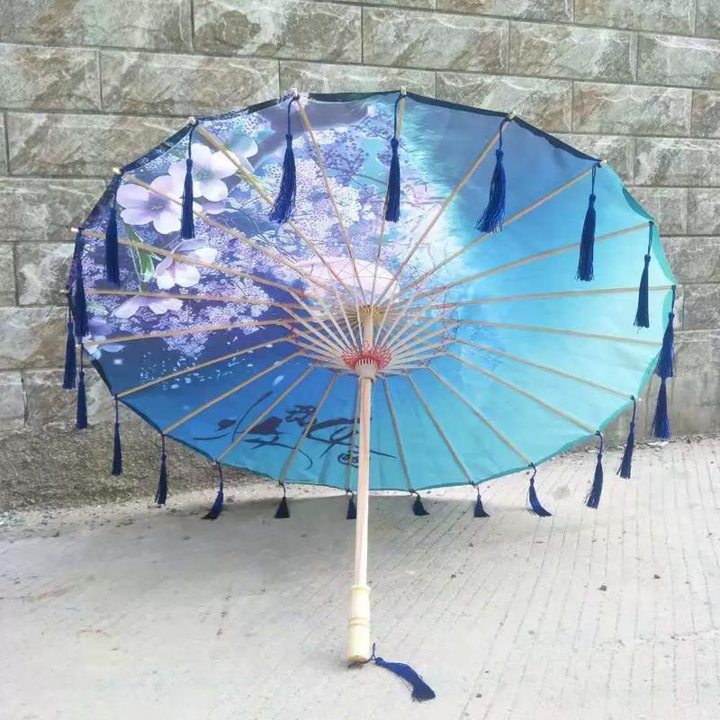 1PC with Tassel Classical Women's Umbrella for Hanfu Accessories Satin Cloth Photograph Props Fairy Ancient Parasol