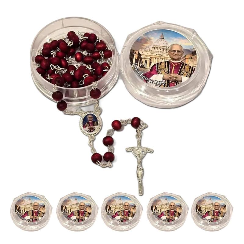 Деревянные бусины розария с ароматом розы и медальоном Папы Льва, деревянный католический розарий, бусины, христианские подвески, ожерелье для молитвы