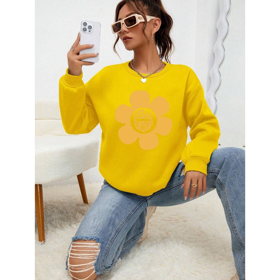 Hello Sunshine Big Yellow Flower Printed Hoodie Women Autumn Casual Pullovers Fleece Simple Sweatshirt Crewneck Female Tops