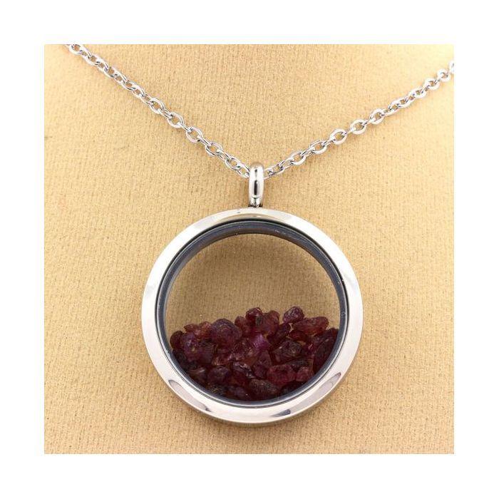 Pierres et Minéraux. Collier Rubis brut. Modèle Médaillon 25 mm. Couleur Argent.
