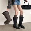 Осенне-зимние женские кожаные сапоги кожаные большого размера сапоги-рыцари однотонные рукава большой обхват голенища женские сапоги новые коровья кожа высокие сапоги