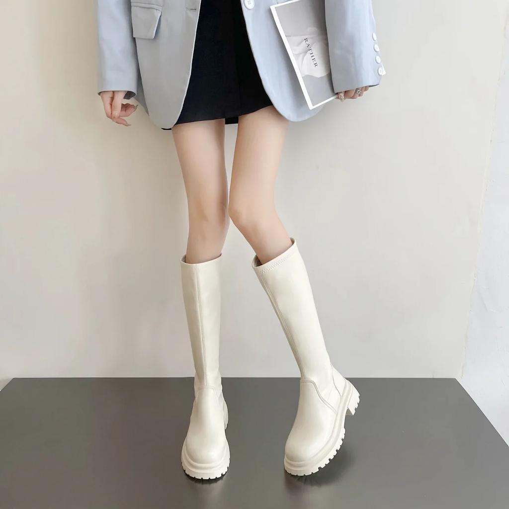 Распродажа женской обуви 2024 года, высококачественные женские сапоги с круглым носком, теплые, однотонные, средней толщины, на толстом каблуке, модные сапоги