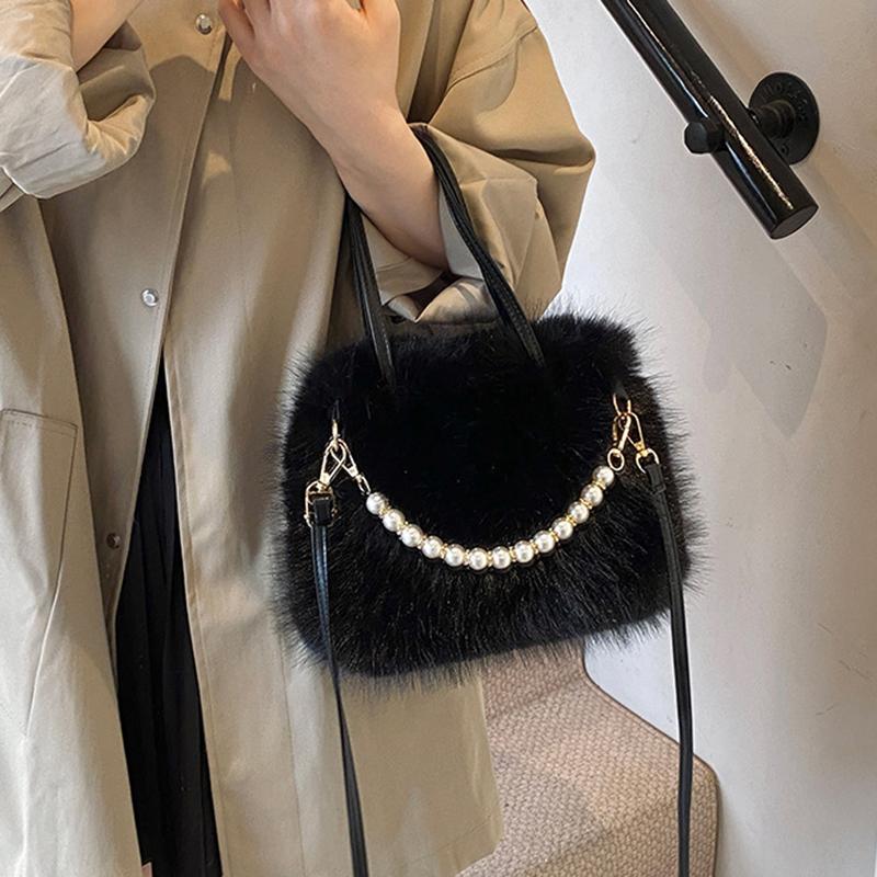 Hairy Handbag Pearl Chain Plush Small Square Bag For Women Fashion Elegant Shoulder Crossbody Bag Autumn Winter Versatile Totes