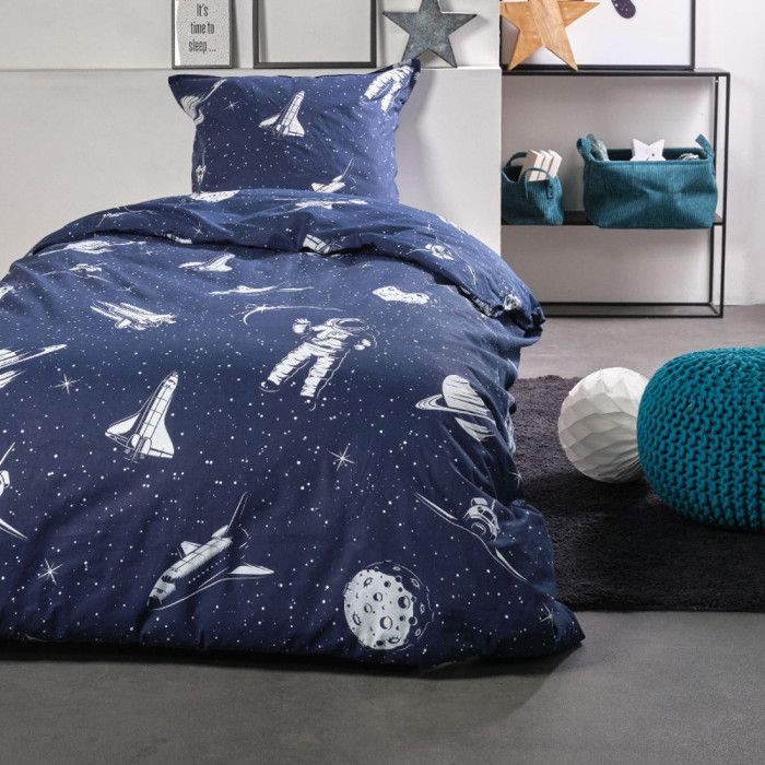 Parure de couette 140 x 200 "Happy Moon" Réversible 100% Coton / 57 Fils/cm²