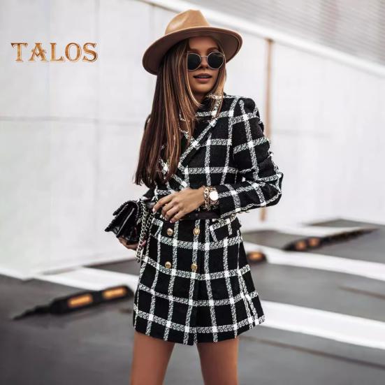 Зимнее осеннее женское пальто с отложным воротником, клетчатый принт, двубортное, с длинными рукавами, плотная куртка средней длины для свиданий, поездок на работу, офиса