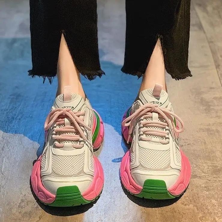 Модные женские повседневные кроссовки на массивной подошве, женские дышащие спортивные туфли на платформе для женщин 2025 весна-осень, модные кроссовки на толстой подошве