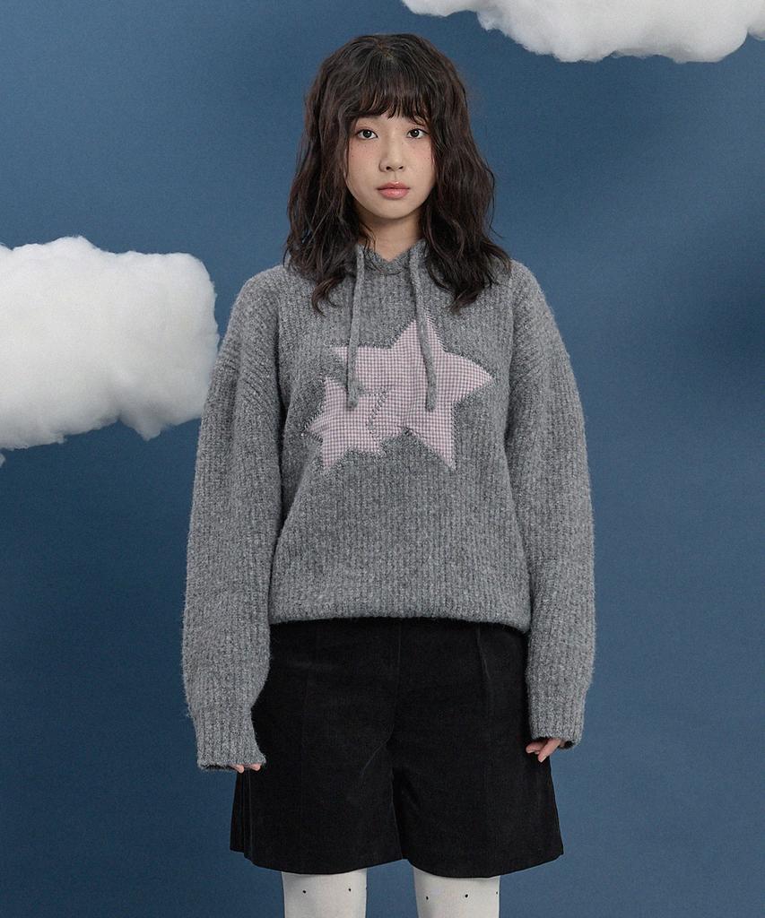 WAIKEI Big Star Check Applique Hoodie Knit Gray