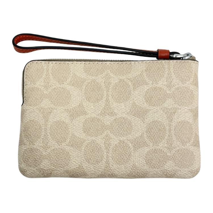 Coach Signature Canvas Zip Wristlet with Orange Stripe & Wrist Strap for Daily Use