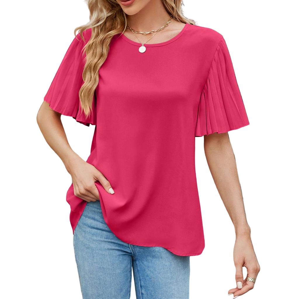 Женский свободный повседневный топ с круглым вырезом и однотонным складным рукавом-трубой