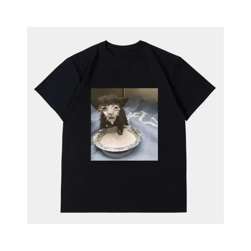 Graphic T-Shirts Fashion Streetwear Milk Face Cat Meme Print T Shirt Weird Humor Funny Cat Summer Short Sleeved Harajuku