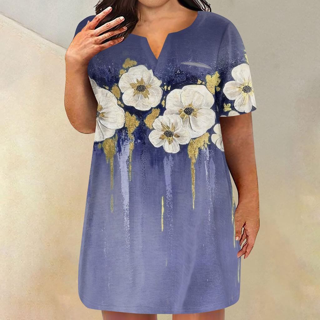 Womens Plus Size Dresses V Neck Short Sleeve Summer Casual Solid Dress Tunic With Pocket