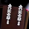 CMM Shiny Silver Color Wedding Jewellery Long Flower Cubic Zirconia Pendant Earrings for Women