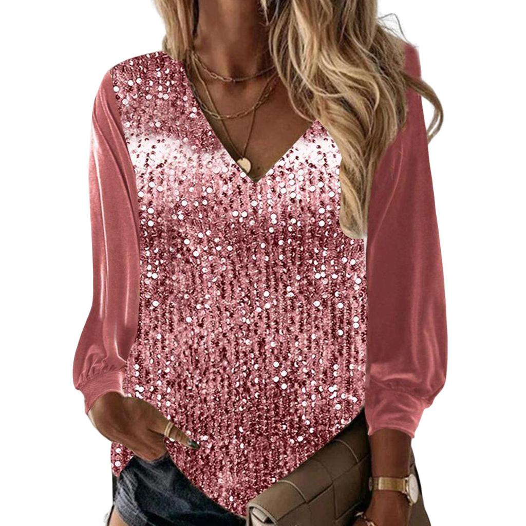 Lady Top V-neck Dressing Up Breathable Stylish Women Sequins Spring Tee Shirt Daily Clothing