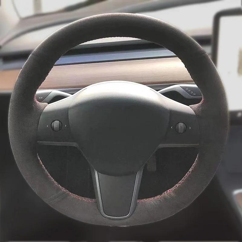 Custom DIY Car Steering Wheel Cover Carbon Fiber Suede Leather For Tesla Model 3 2017 2018 2019 2020 Car Interior Accessories