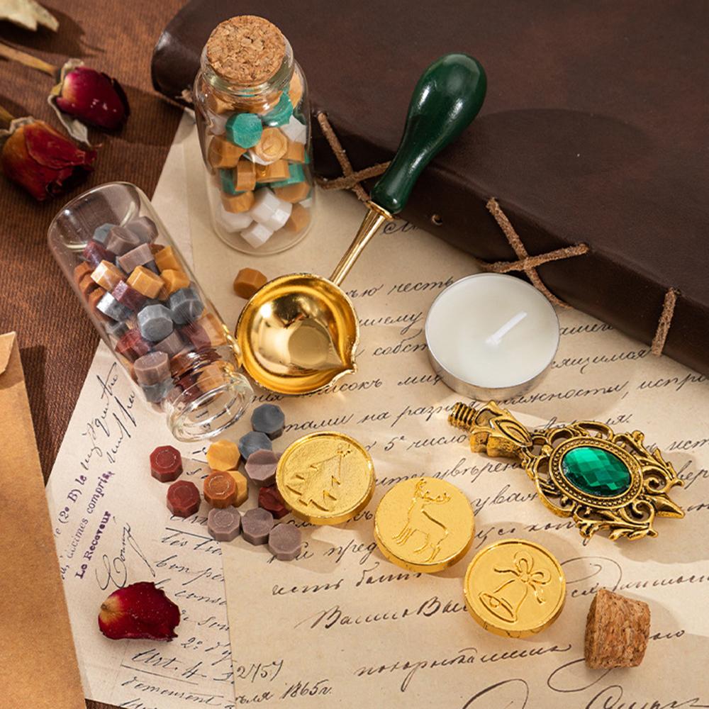 Wax Seal Stamp Kit with 3pcs Seal Stamp and Bottle of Wax Beads SpoonCandle for Christmas Vintage