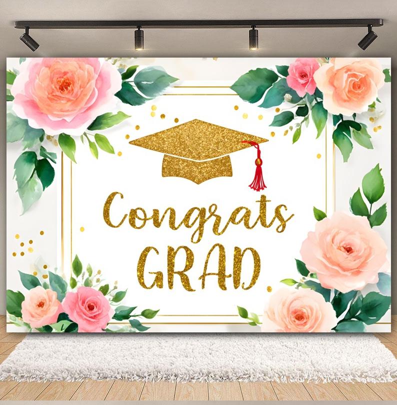Graduates Photography Backdrop Flowers Roses Bachelor's Cap Graduation Ceremony Congrats Grad Party Decoration Photo Background