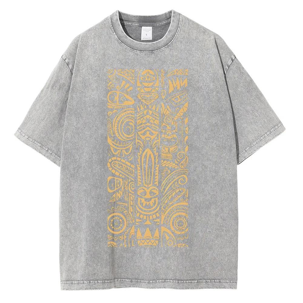 Футболка с принтом в стиле племенной татуировки, летняя, мужская и женская мода, винтажная футболка в стиле варки водой, топ