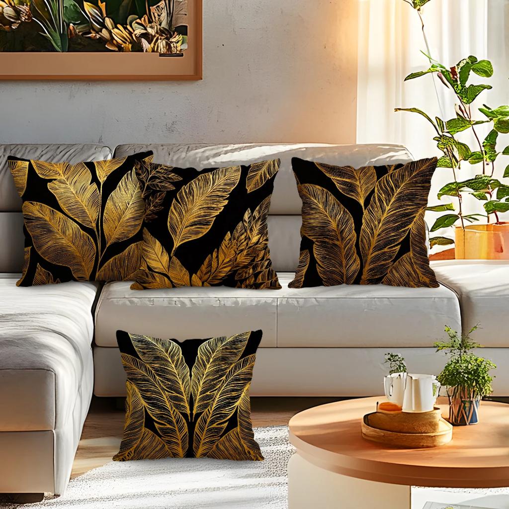 4 Pcs Golden Line Leaves Single-Sided Printed Pillowcase Cushion Cover,Suitable For Living Room,Bedroom,Car Decoration
