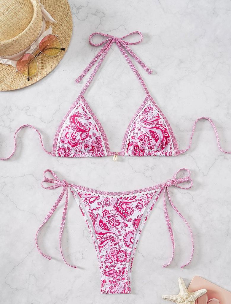 Женский купальник с цветочным бантом, сексуальная треугольная сумка, завязка сбоку, бикини с низкой талией, пляжная одежда, купальные костюмы