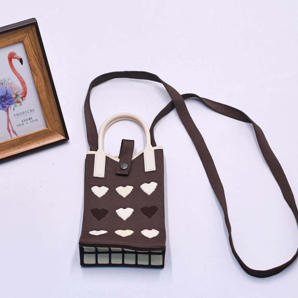 Women Cartoon Knitted Handheld Outdoor Crossbody Bag Leisure Cute Inclined Shoulder Bags Snap Button Mobile Phone Bags