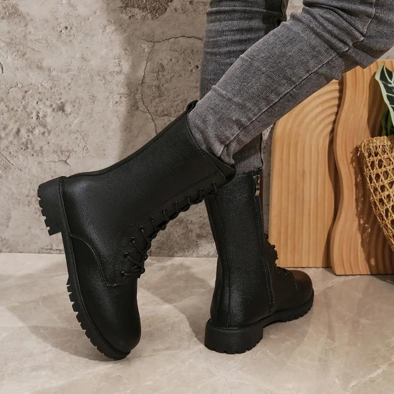 Fashion Fashion Boots Women's 2024 Spring, Autumn, and Winter New Round Head Side Zipper Mid Sleeve Casual Women's Leather Boots