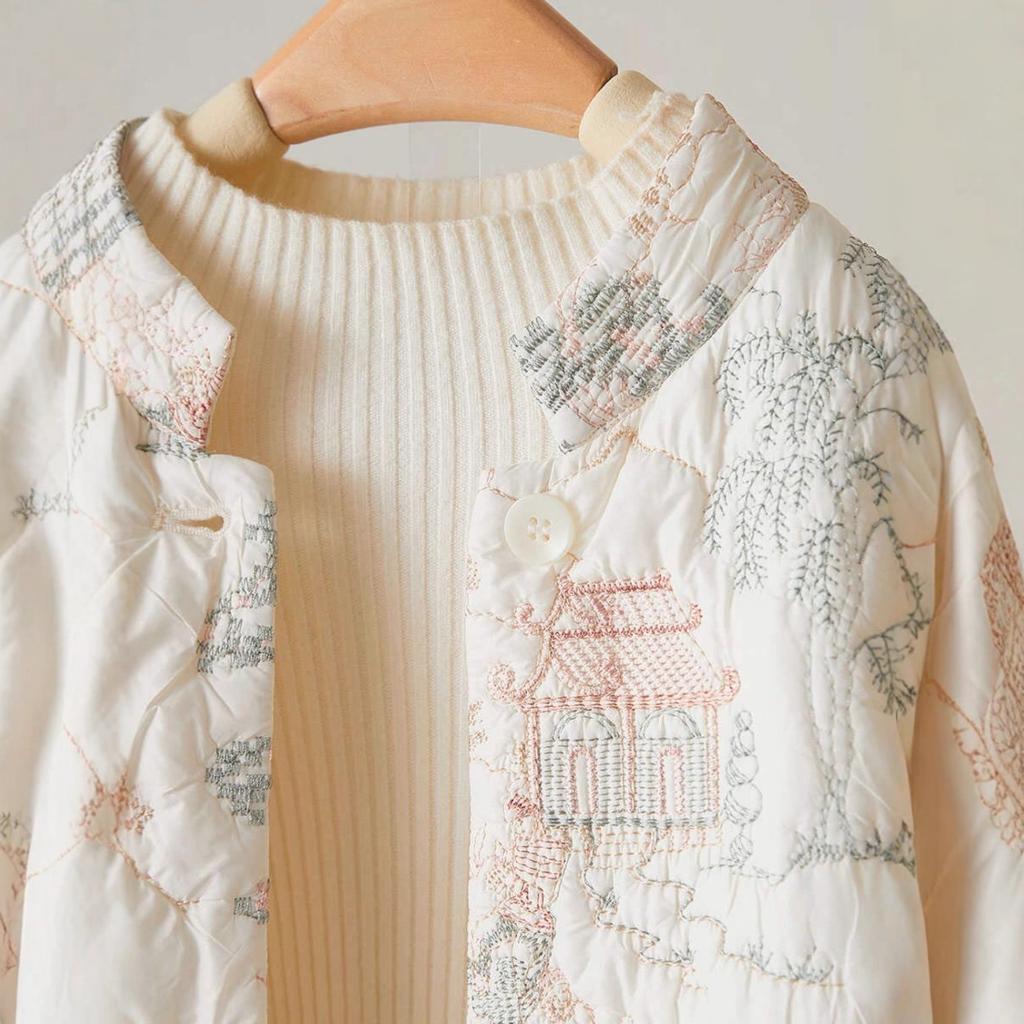 Осень/зима Женские Пальто с цветочной вышивкой, однобортные, винтажные парки, повседневные, свободного кроя, с круглым вырезом и длинными рукавами