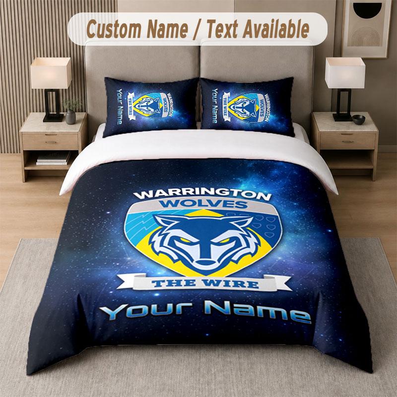 Custom Bedding Set Warrington Wolves FC Pattern, Print Name Text 1 Duvet Cover plus 2 Pillowcases Home Textile