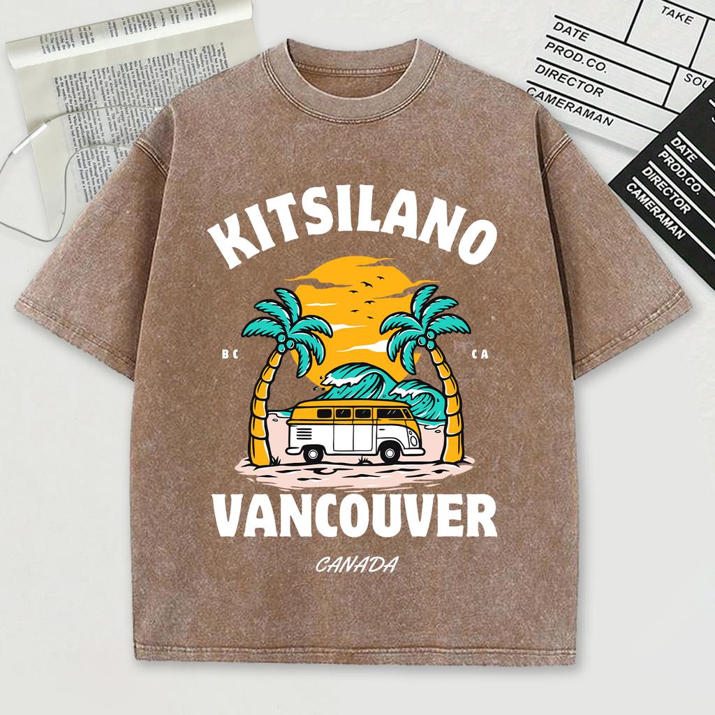 Китсилано Ванкувер Летний Дизайн Ретро Мужская Футболка Лето Удобная Мягкая Короткая Хлопок Свободная Снежная Стирка Топ Модная Футболка с Круглым Вырезом