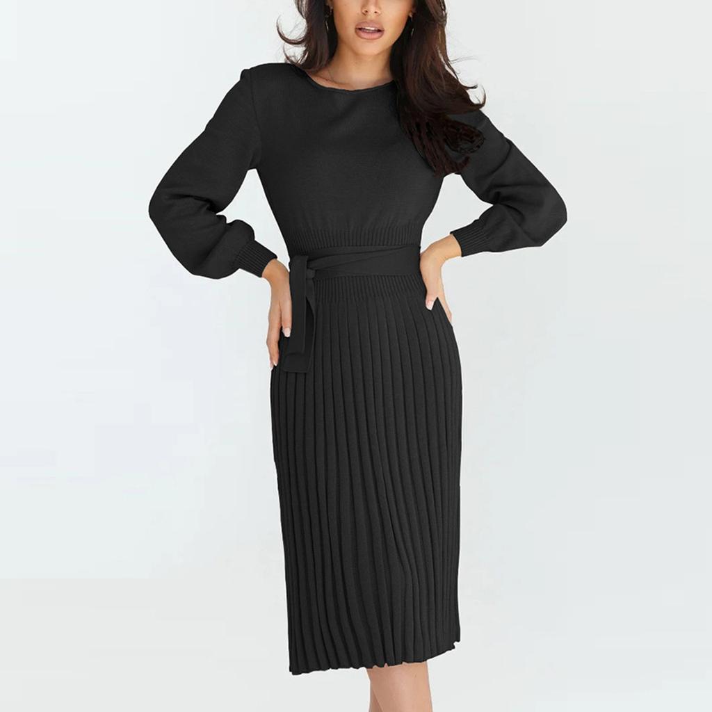 Women's Fashion Casual Solid Color Round Neck Long Sleeves Knitted Slim Fit Pleated Dress