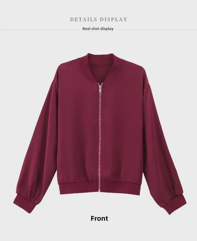 Весна 2024 Женская свободная бейсбольная куртка из ацетатного атласа - Повседневный короткий кардиган с длинными рукавами