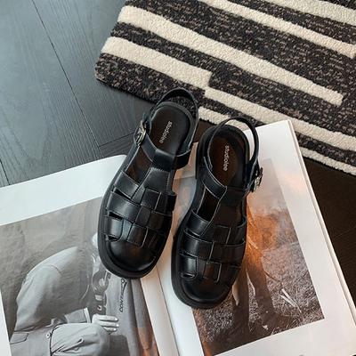 2025 лето новые сандалии ретро плетеный носок толстый каблук толстая подошва ретро сандалии на плоской подошве женские
