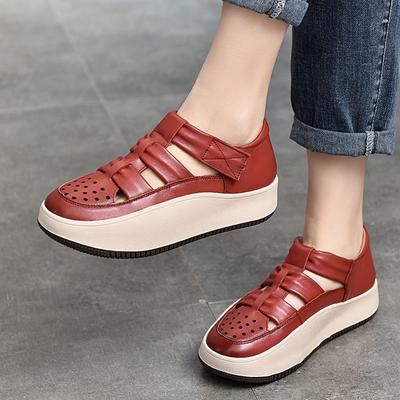 Женские сандалии из натуральной кожи в стиле ретро на толстой подошве, удобные дышащие туфли ручной работы на плоской подошве с круглым носком