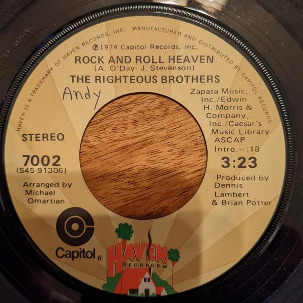 7-дюймовая пластинка RIGHTEOUS BROTHERS - Rock And Roll Heaven 7002 Capitol Records 1974 США Рок Б/У
