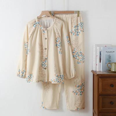 Пижама из двухслойной хлопковой марли, женская, весенне-осенняя, тонкая, с круглым вырезом, длинными рукавами, свободная, для дома