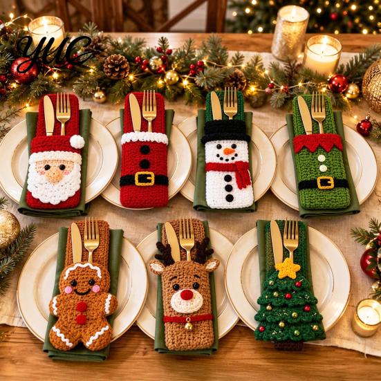Tableware Storage Bag Christmas Crochet Cutlery Holder, Santa Snowman Reindeer Tree Flower Knife Dining Table Accessories Fork Spoon Sleeve