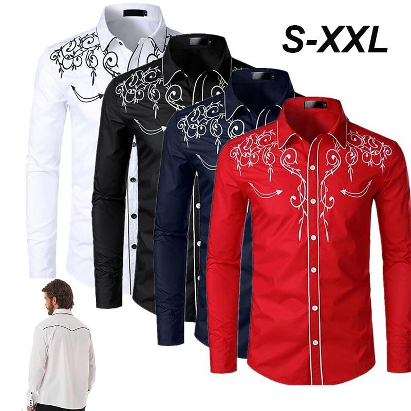 Mens Western Cowboy Shirt Long Sleeve Retro Embroidery Casual Buttons Down Shirt