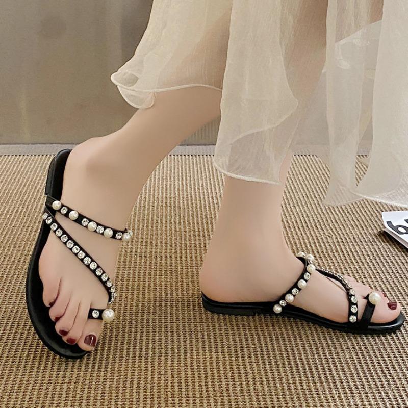 2024 Новые модные женские тапочки, летняя однотонная верхняя одежда с кристаллами, бисером, квадратным корнем, с открытым носком, женская обувь, удобная