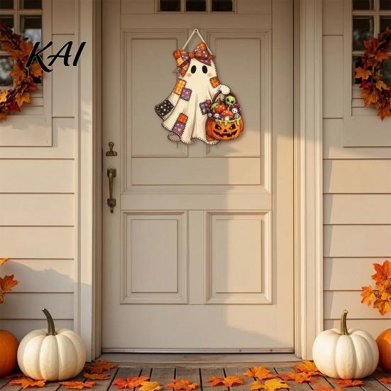 Wood Craft Decoration Halloween Cute Bow Ghost Door Sign, Wooden Patchwork Hanging Plaque with Pumpkin Candy Basket, Rustic Seasonal Sign Retro