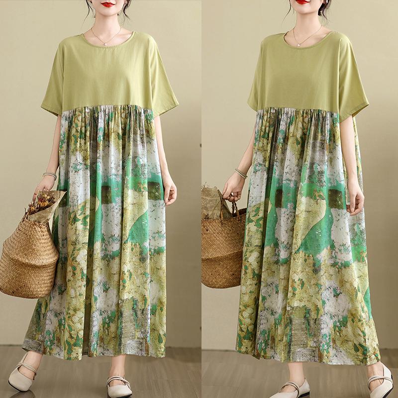 Dimanaf 2025 Женское винтажное летнее платье больших размеров с коротким рукавом, повседневное базовое новое платье, свободное длинное платье