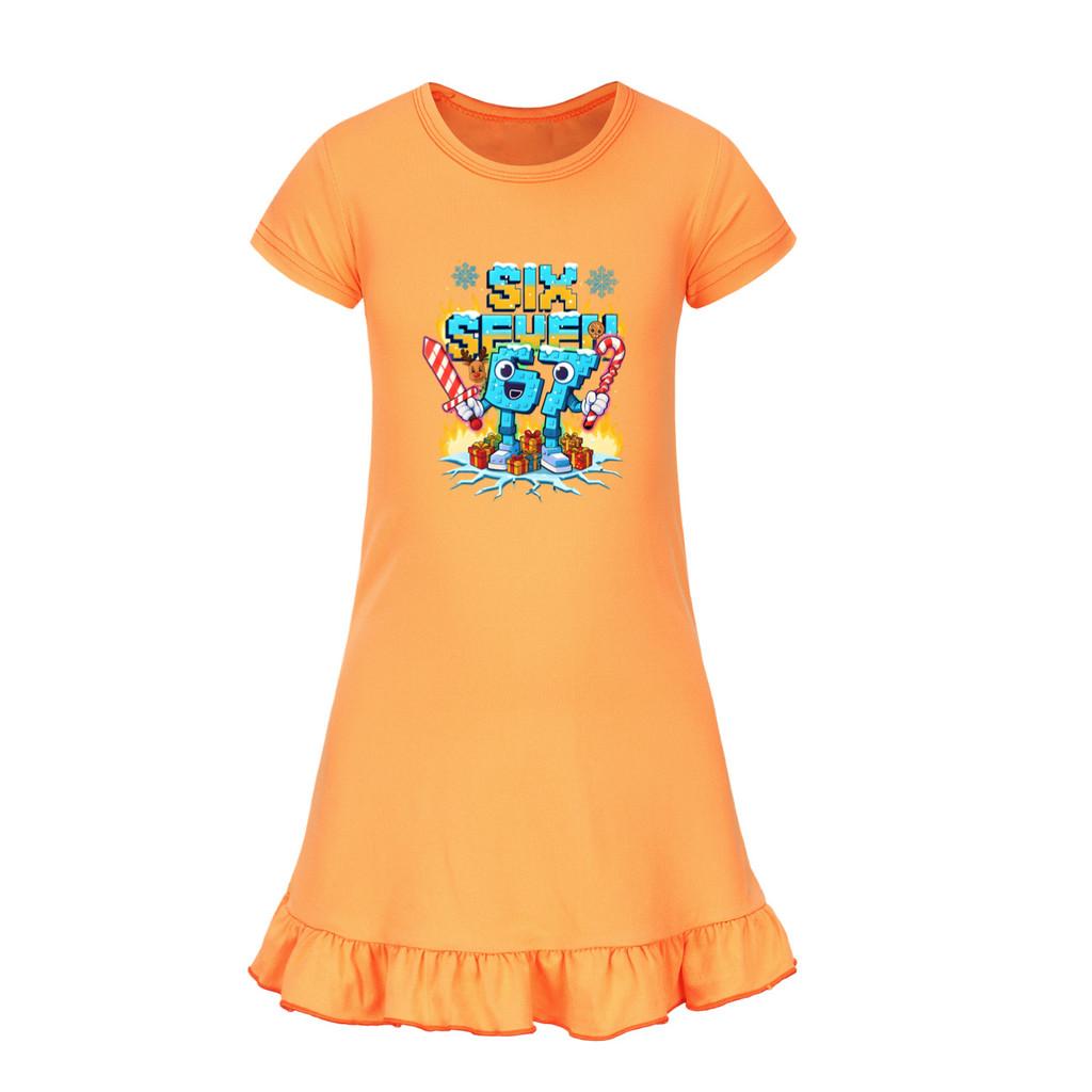 5193 Детское Платье для Девочек Steal a Brainrot 67 Six Seven с Принтом и Короткими Рукавами с Рюшами