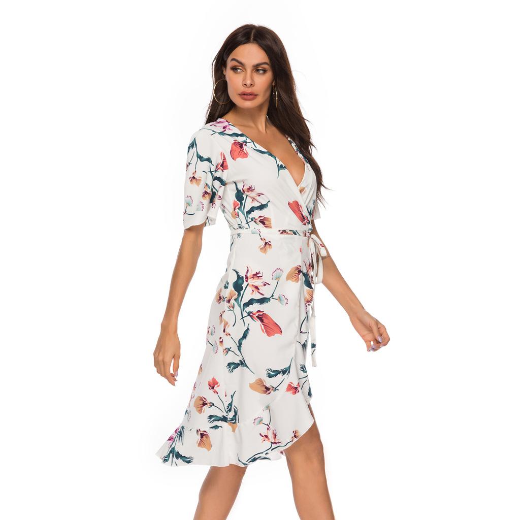 Женское весенне-летнее новое сексуальное шифоновое пляжное платье с v-образным вырезом и короткими рукавами, на шнуровке, S-XL