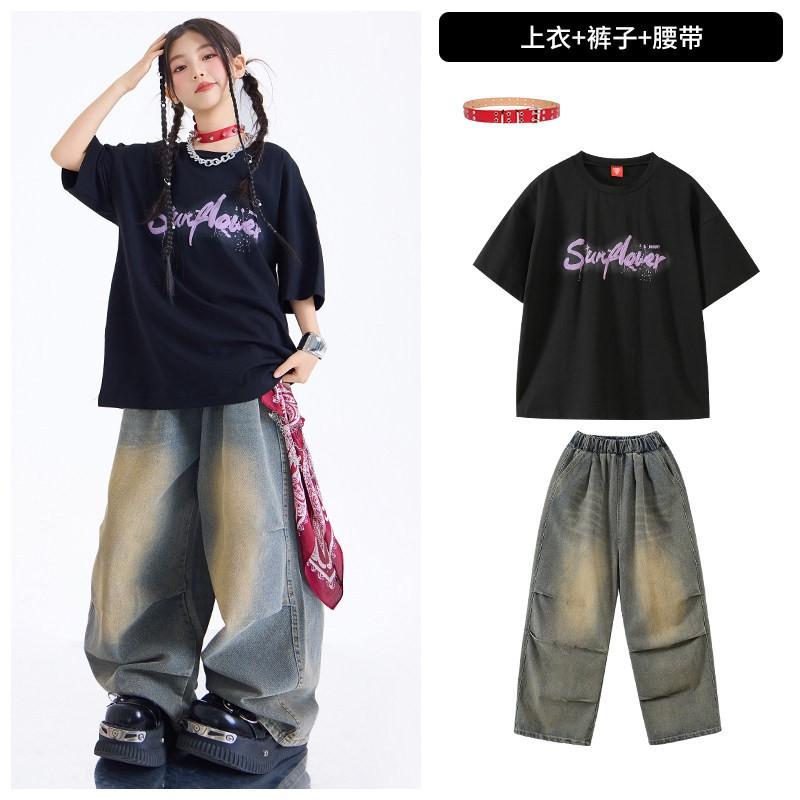 Girls Jazz Dance Outfit Set Short Sleeve Top Pants Kids Performance Street Costume Cool Style